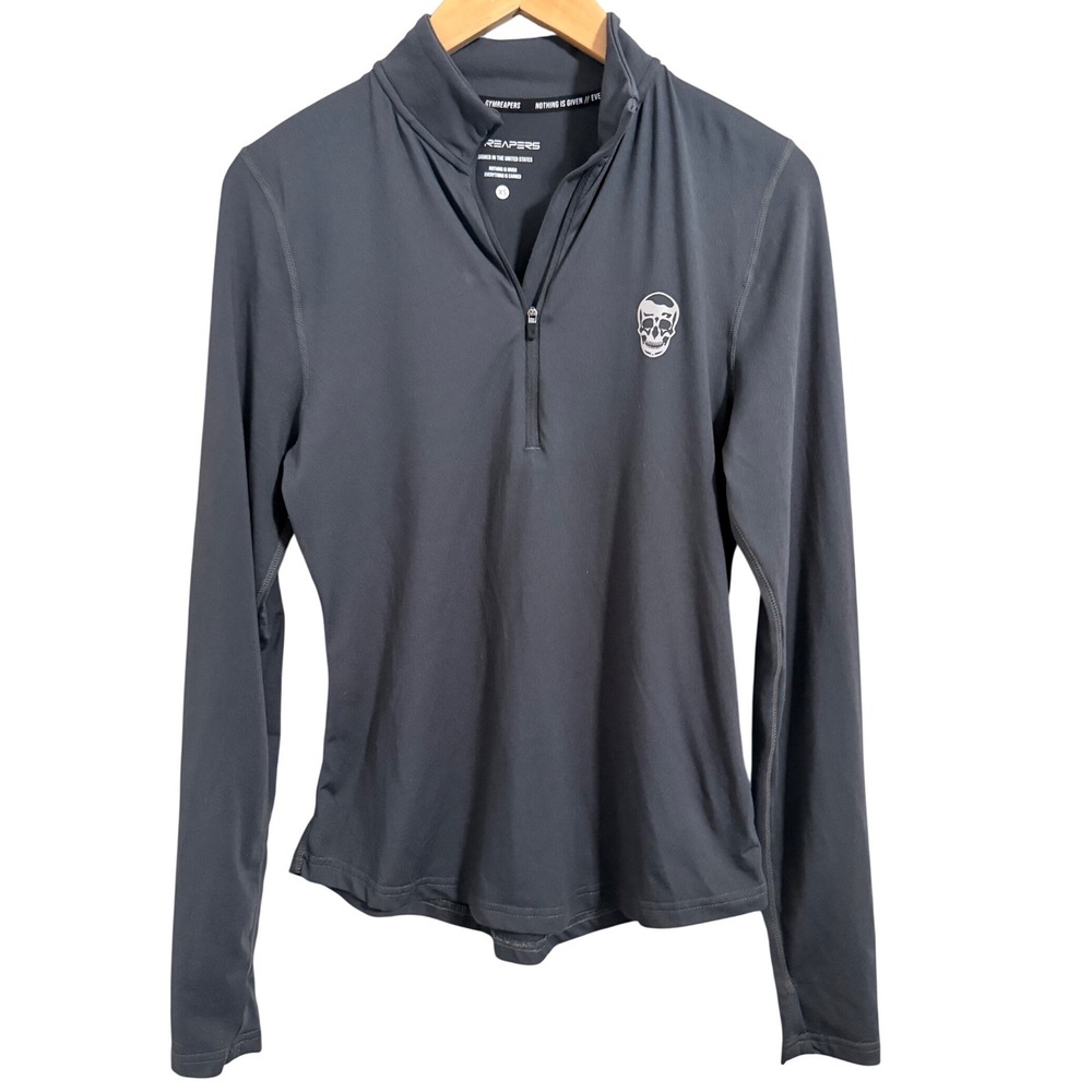 Gymreapers Quarter Zip Pullover Women XS Gray Long Sleeve Thumbhole Skull‎ Logo